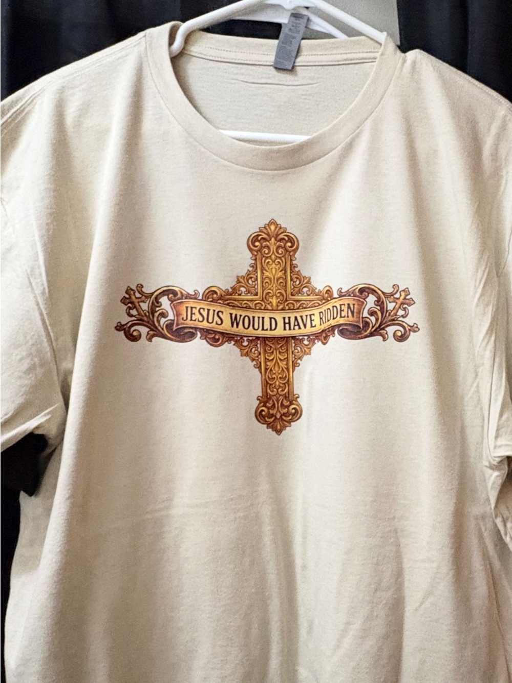 Graphic T‑Shirt with Ornate Cross "Jesus Would Have Ridden" - Cream